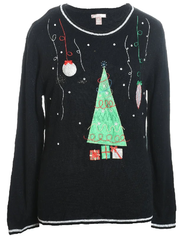 Festive Season Black Embroidered Design Jumper - L Notch Collar Peter Pan Collar Cowl Neck