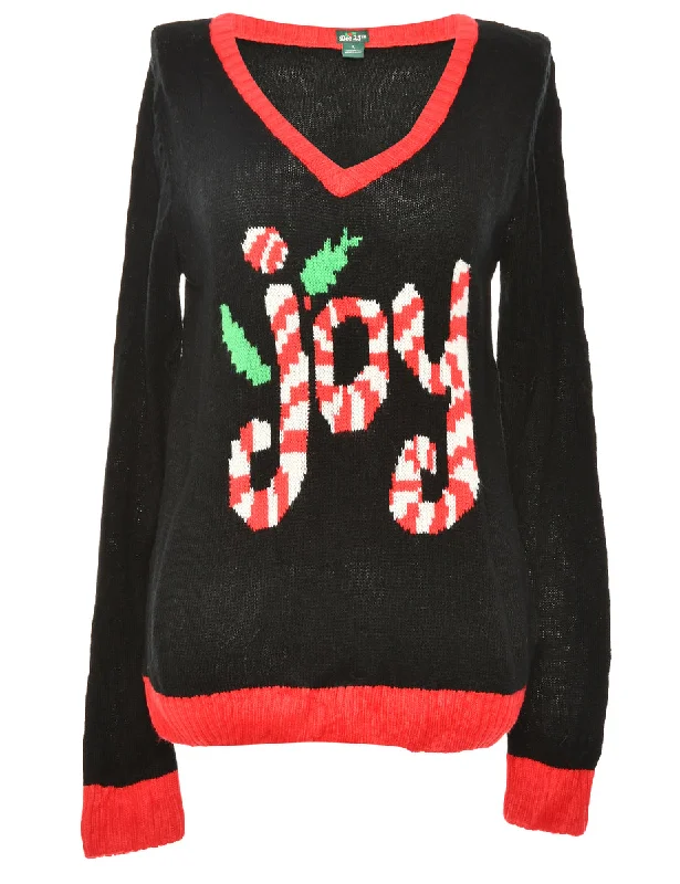 Festive Season Black & Red Joy Christmas Jumper - M Embroidered Appliqued Beaded