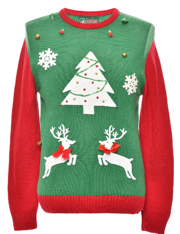 Festive Season Green Christmas Tree Design Jumper - M Solid Color Striped Floral Print