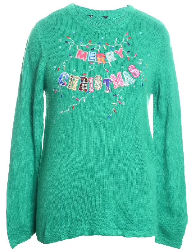 Festive Season Green Knit Christmas Jumper - M Beaded Sweater Sequined Faux Fur