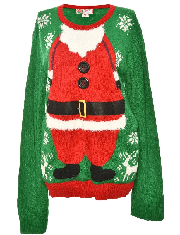 Festive Season Green & Red Christmas Jumper - M High Neck Crew Neck V-Neck