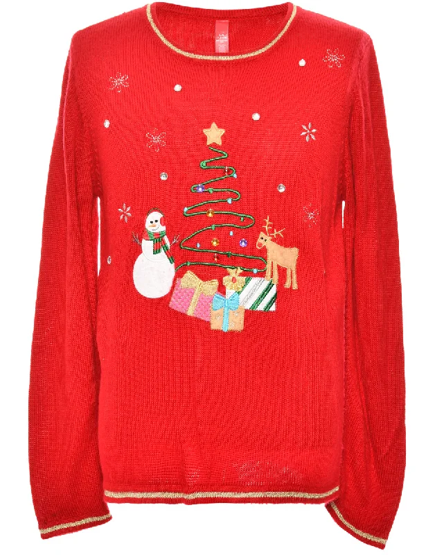 Festive Season Red Christmas Jumper - L Sequined Glittery Shiny