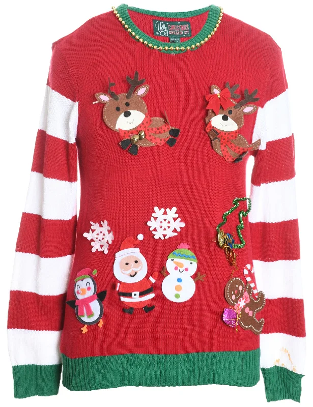 Festive Season Red & Green Reindeer Design Christmas Jumper - S Ribbed Striped Patterned