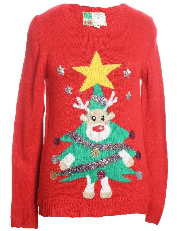 Festive Season Red Reindeer Design Christmas Jumper - M Striped Floral Plaid