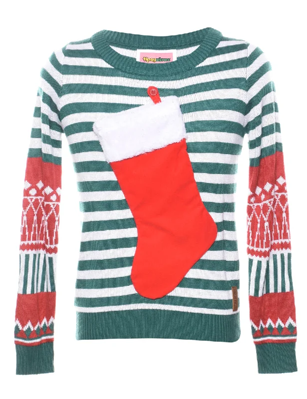 Festive Season Striped Christmas Jumper - M Zippered Buttoned Snapped