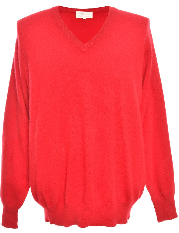 Fine Knit Red Jumper - L Spandex Rayon Corduroy