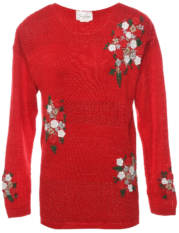 Floral Christmas Jumper - M Velvet Chenille Corduroy