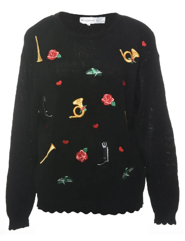 Floral Knit Embroidered Jumper - M Houndstooth Herringbone Solid