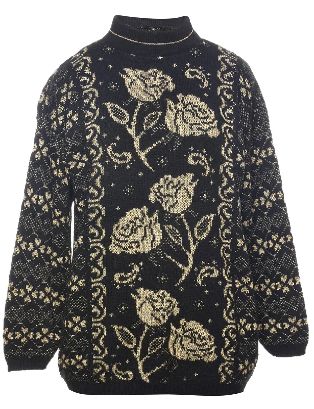 Floral Knit Jumper - L Elasticated Padded Insulated