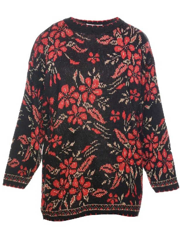 Floral Knit Jumper - L Boat Neck Shawl Collar Notched Collar