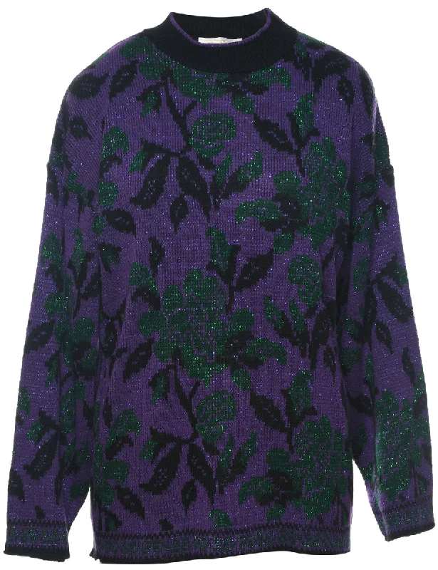 Floral Knit Jumper - M High Neck Crew Neck V-Neck