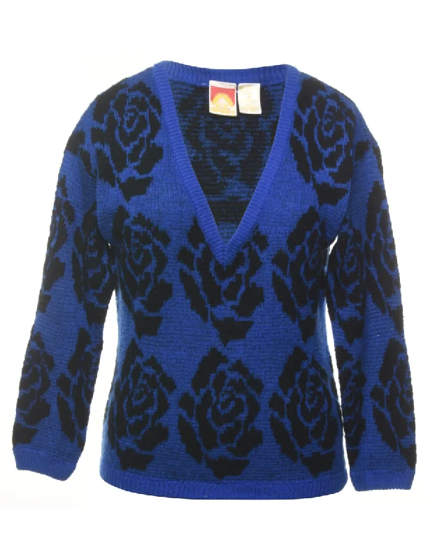 Floral Knit Jumper - M Cable Knit Ribbed Knit Lace Knit