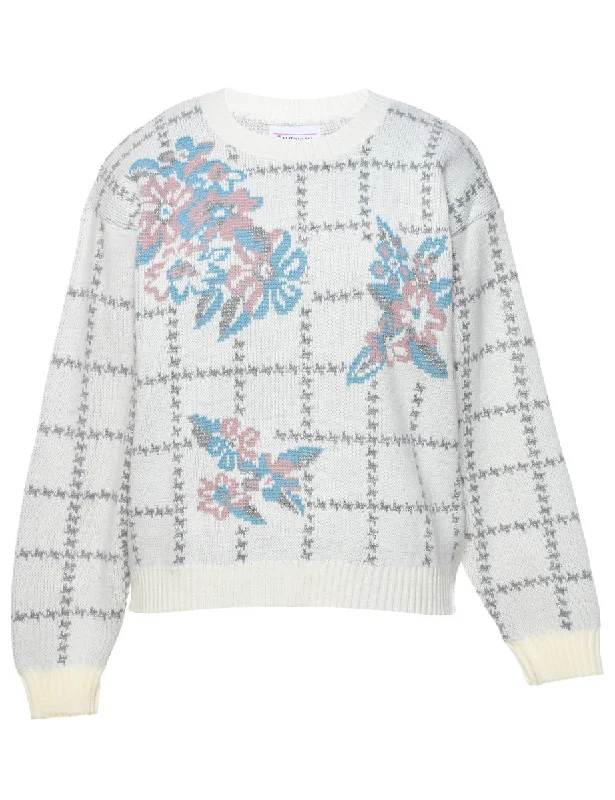 Floral Knit Off-White, Light Pink & Blue Jumper - M Fleece Sweater Nylon Polyester