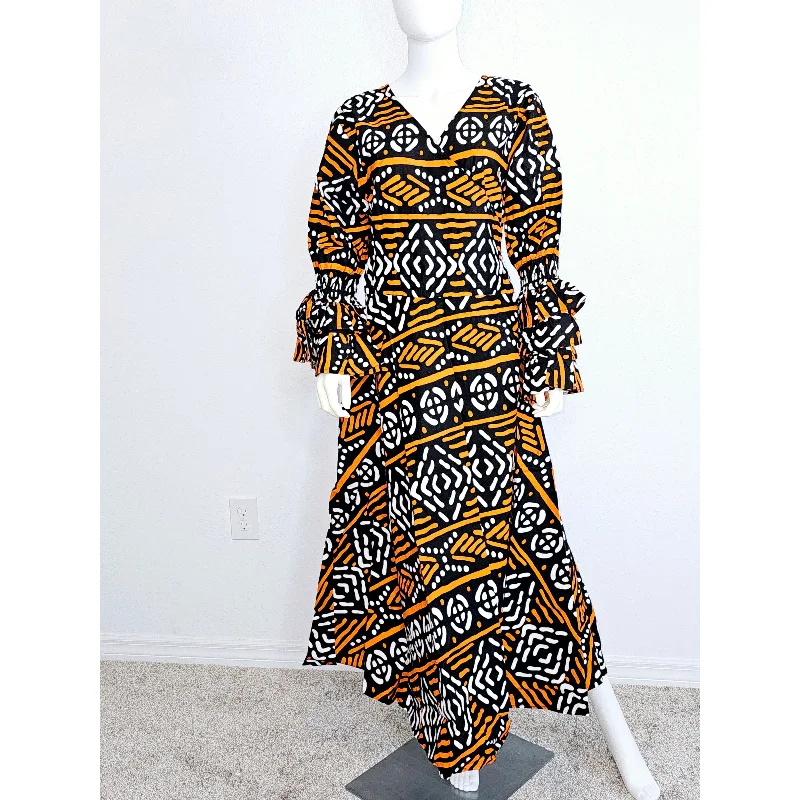 African Print Long Wrap Maxi Dress Ankle Length / Bell Sleeve Classic Tulle Maxi Dress