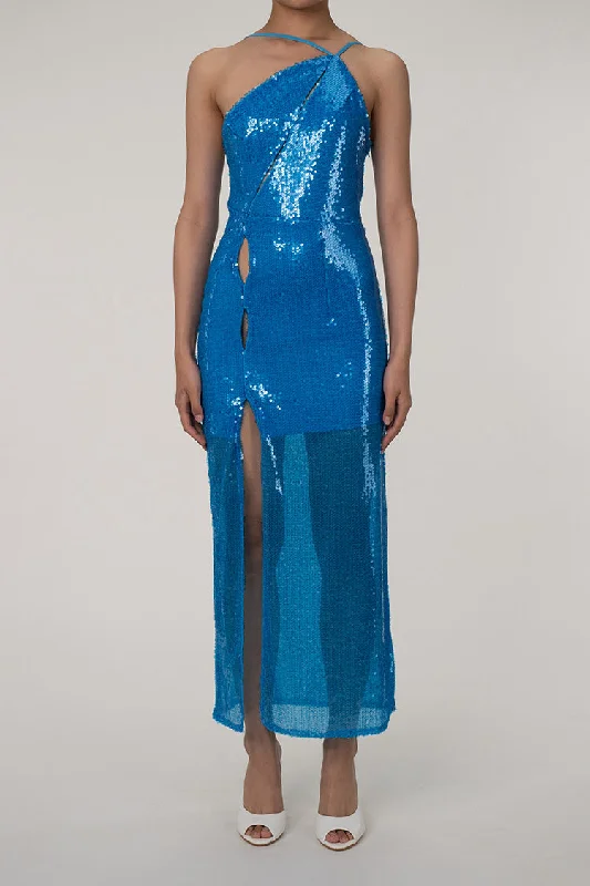 Asymmetrical One Shoulder Cutout High Split Sequin Evening Maxi Dress - Blue Trendy V-Neck Maxi Dress