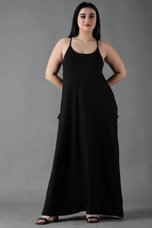 Black Solid Maxi Dress with Straps Fashionable Layered Maxi Dress