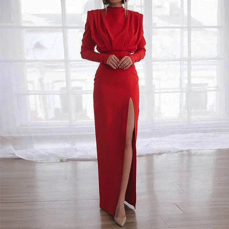 Fashion Pleated High Split Long Sleeve Maxi Dress Elegant Maxi Dress with Lace