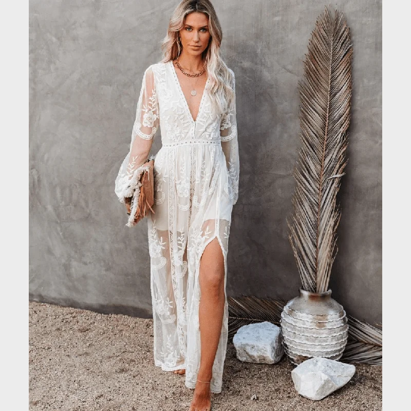 White Boho Lace Maxi Dress Cozy Knitted Maxi Dress