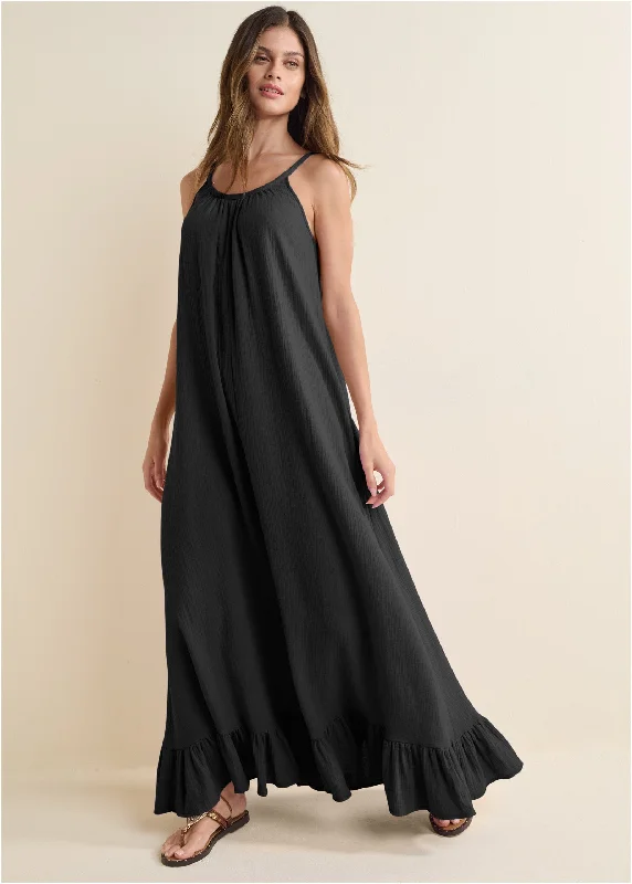 Tie-Back Ruffle Maxi Dress - Black Elegant Lace-Up Maxi Dress