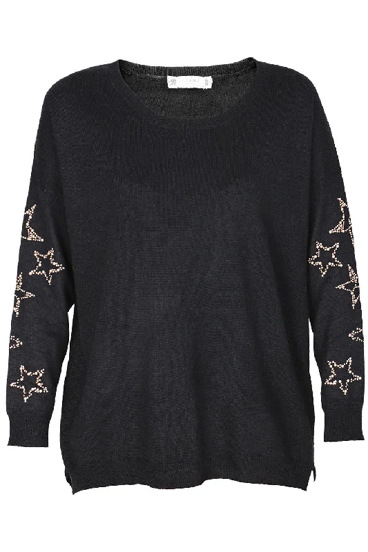 GALIENA Black Studded Jumper Cable Knit Ribbed Knit Lace Knit