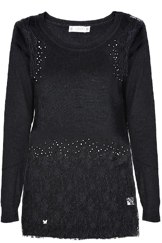 PHILLIPA Black Lace Crystal Jumper Zippered Front Buttoned Front Snap Front