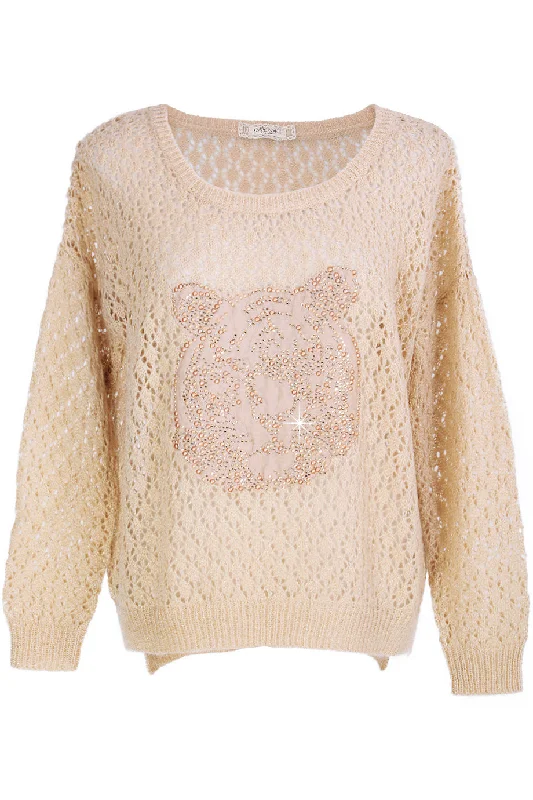 SWEET TIGER Beige Crystal Embellished Jumper Solid Color Striped Floral Print