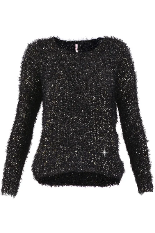 KUDDLES Black Fluffy Jumper Graphic Sweater Embroidered Appliqued