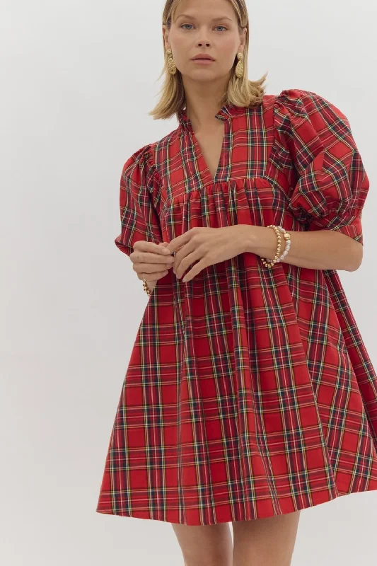 Plaid V-Neck Puff Sleeve Mini Dress Fashionable Boho-Chic Mini Dress