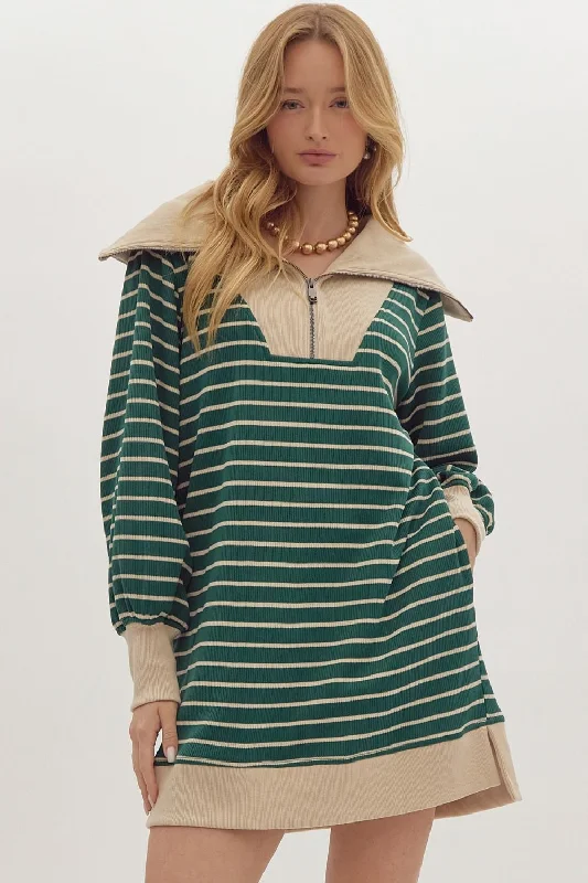 Stripe Print Ribbed Zip Up Long Sleeve Mini Dress Cozy A-Line Mini Dress