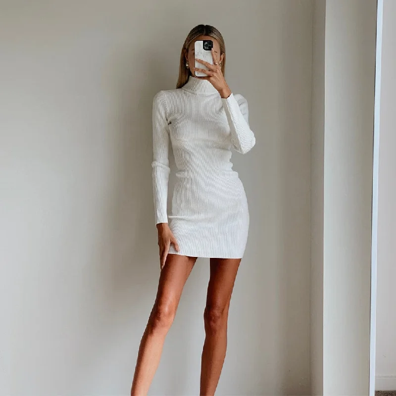 BASTET White High Neck Long Sleeve Bodycon Knit Mini Dress Comfortable Off-Shoulder Mini Dress