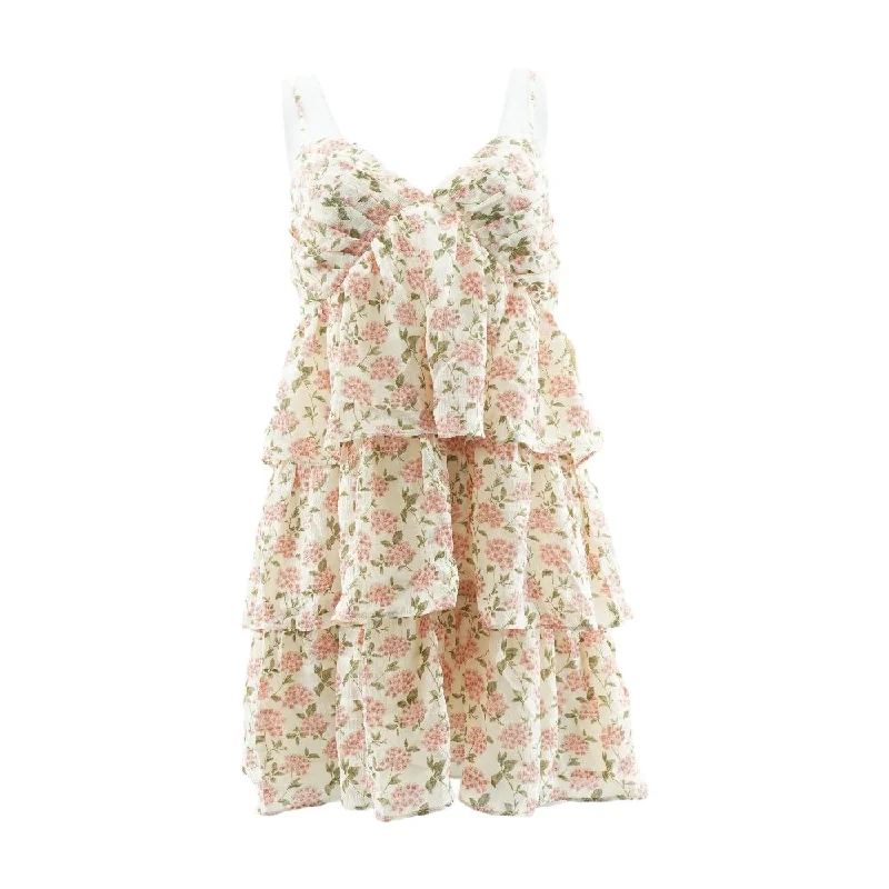 Beige Floral Mini Dress Stylish Spaghetti Strap Mini Dress