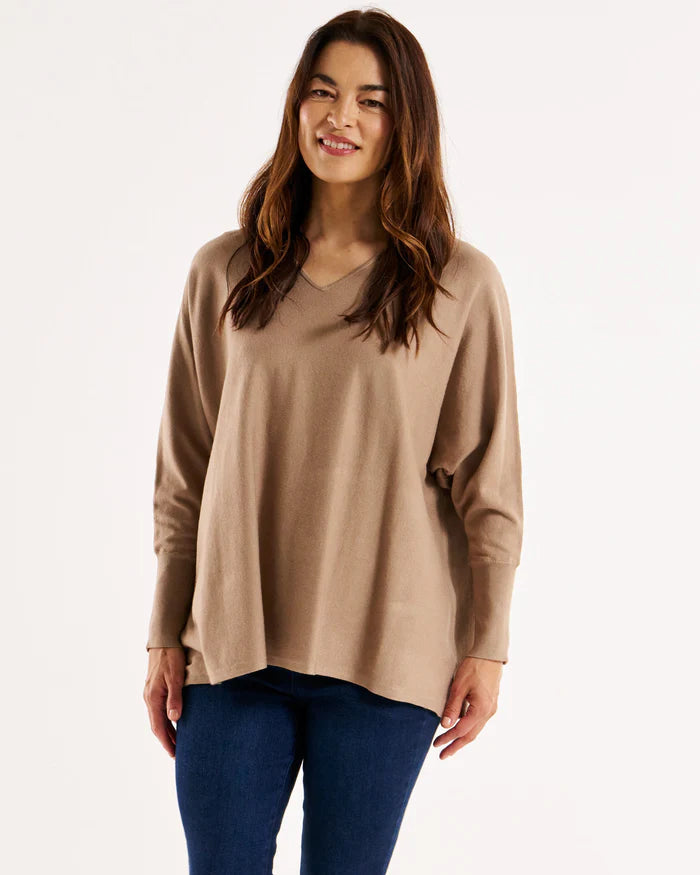 Betty Basics - Destiny Relaxed V-Neck Lightweight Knit Jumper - Latte Oversized Loose Flowy