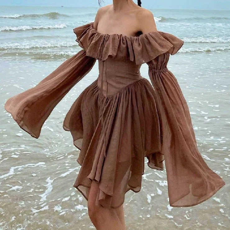 Brown Off Shoulder Flare Sleeve Mini Dress Elegant Mini Dress with Ruffles