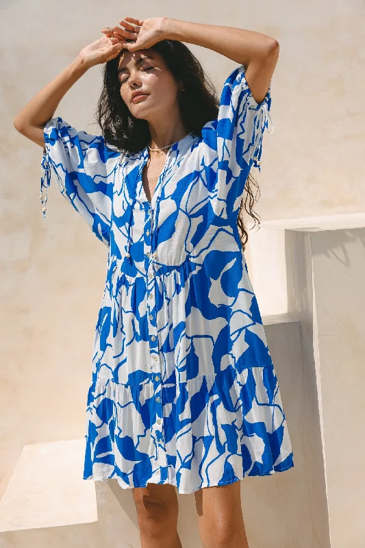 Calypso Blue Abstract Button Down Mini Dress Fashionable Off-Shoulder Mini Dress