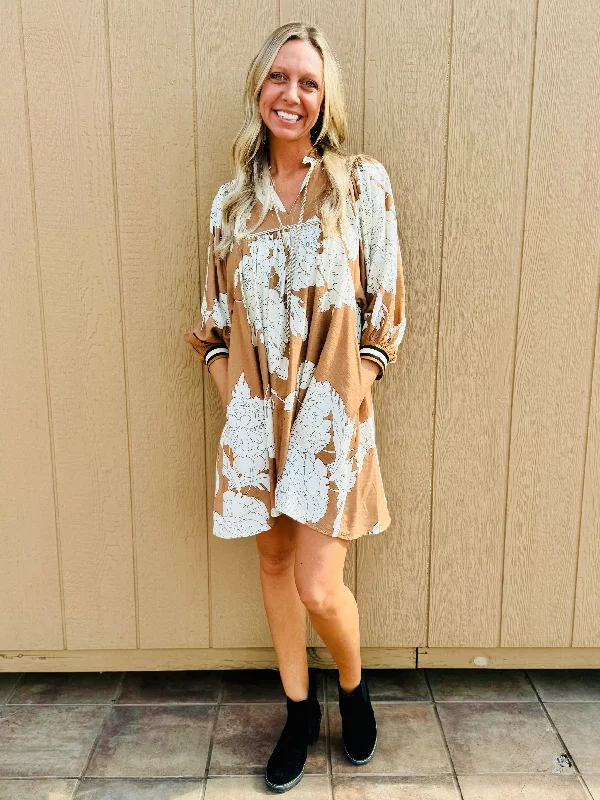 Camel Floral Print Mini Dress w/ Pockets Stylish Summer Mini Dress