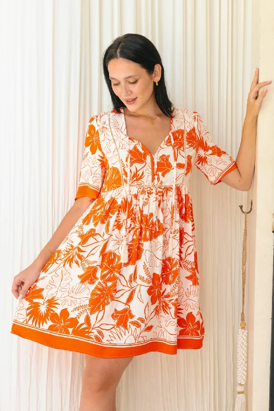 Chiara Orange Tropical V-Neck Mini Dress Cozy Jersey Mini Dress