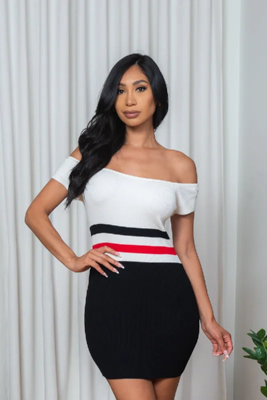 'Classic Sass' Rib Knit Off Shoulder Cap Sleeve Bodycon Mini Dress in White, Black & Red (187185) Stylish Short Sleeve Mini Dress