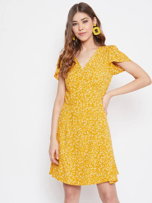 Berrylush Women Yellow Floral Printed A-Line Wrap Mini Dress Chic Pleated Mini Dress