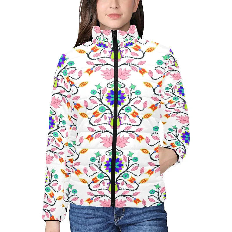 Floral Beadwork Four Clans White Women's Stand Collar Padded Jacket Nylon Jacket Polyester Jacket Spandex Jacket