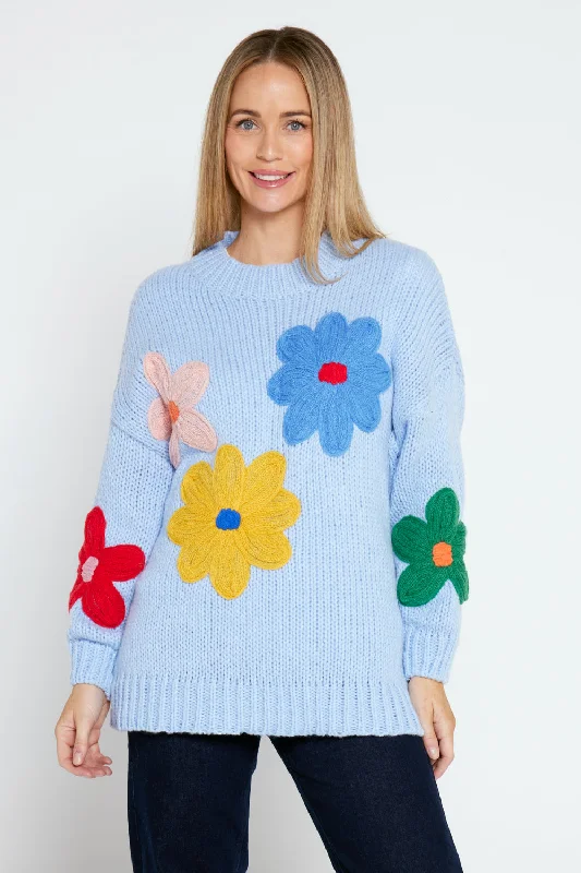 Flower Power Knit Jumper - Blue Floral Mesh Fabric Canvas Fabric Denim Fabric