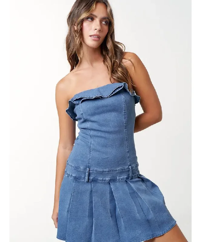 Sam Denim Ruffle Pleated Tube Mini Dress Cozy Ruched Mini Dress