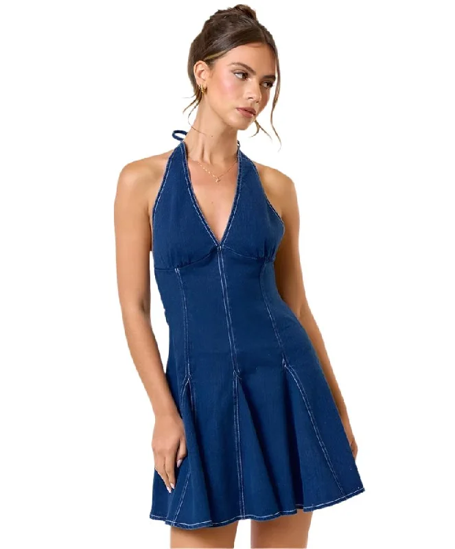 Sarah Stretch Denim Halter Flared Mini Dress Comfortable Wrap Mini Dress