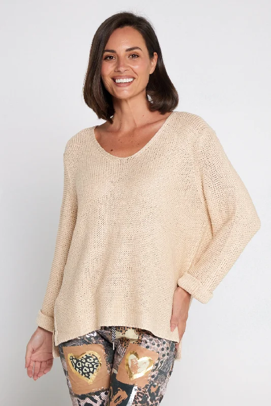 Emmy Cotton Knit Jumper - Sand Denim Fabric Leather Fabric Suede Fabric