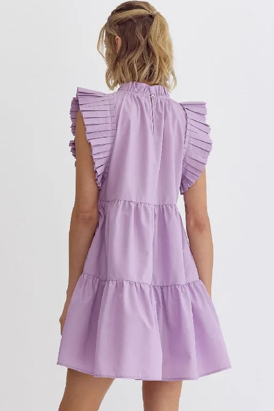 Lavender High Neck Pleated Sleeve MIni Dress Fashionable Button-Front Mini Dress