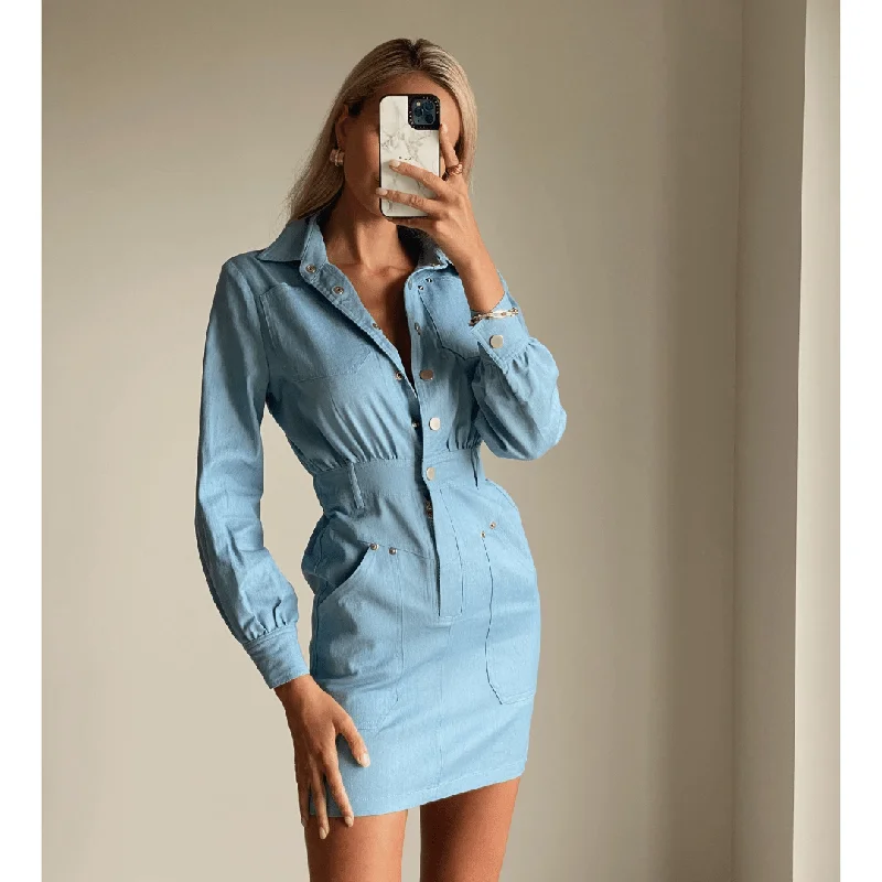 MAE Light Blue Denim Long Sleeve Mini Dress Cozy A-Line Mini Dress