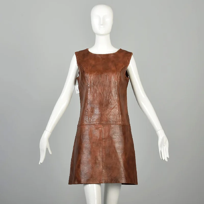 Medium 1960s Mini Dress Real Leather Drop Waist Mod Hippie Shift Boho Chic Pleated Mini Dress