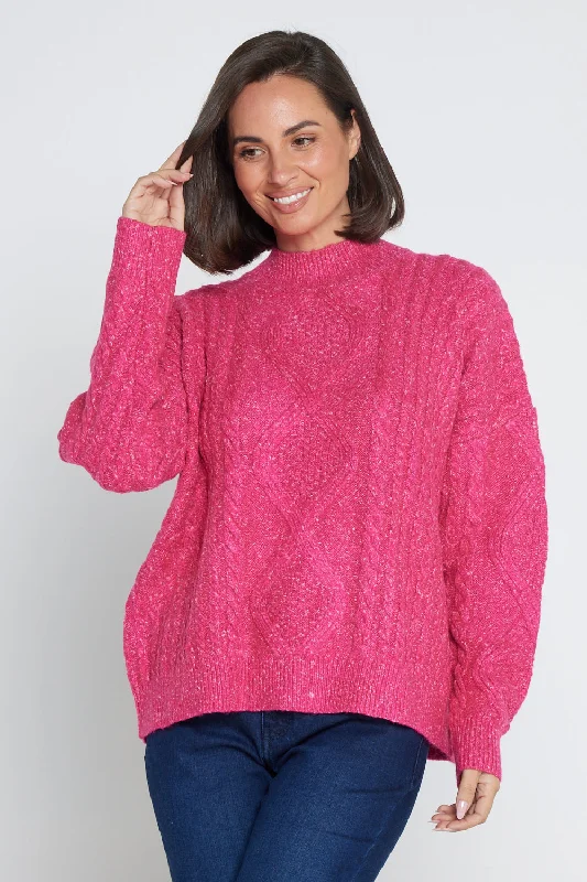 Miranda Cable Knit Jumper - Hot Pink Elasticated Padded Insulated