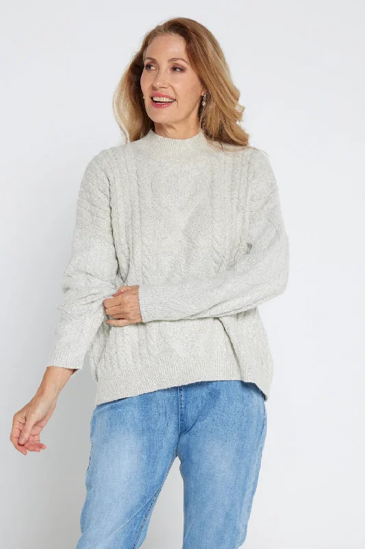 Miranda Cable Knit Jumper - Stone Notch Collar Peter Pan Collar Cowl Neck