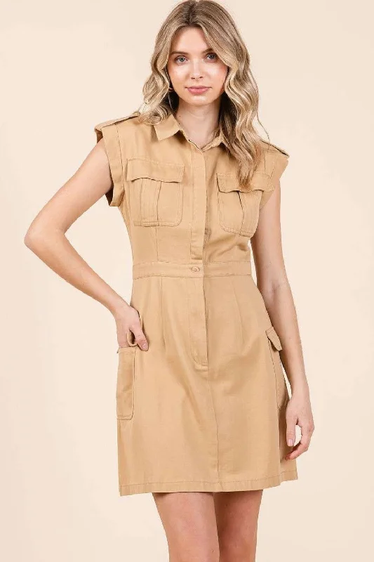 Mittoshop Cargo Pocket Half Button Mini Dress In Camel Cozy Satin Mini Dress