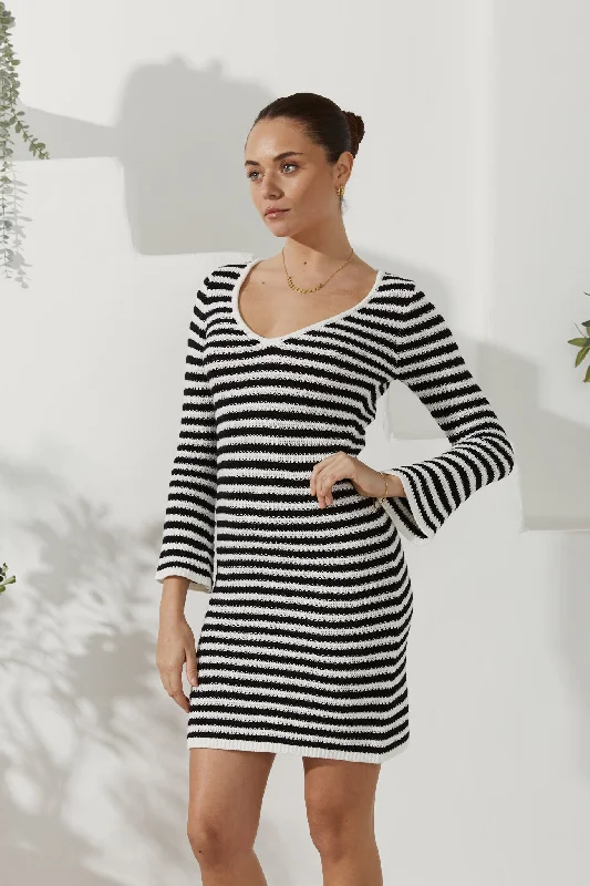 Nadia Black White Stripe Knit Mini Dress Chic Pleated Mini Dress